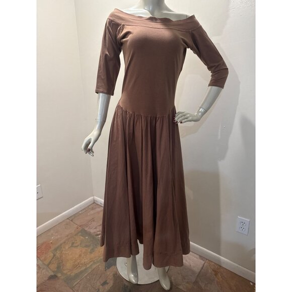 Luna Luz Off-Shoulder Chic Brown Maxi Dress With 3/4 Sleeves & Flowing Skirt - Picture 1 of 8